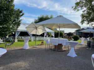 Außenbereich im Sängerhof Rheinau mit Stehtischen, Sonnenschirmen und festlich gedeckten Sitzplätzen für Hochzeiten.