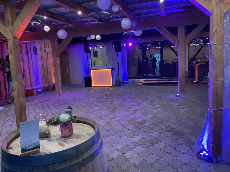 DJ Hörnle im Bruders Schopf Oberkirch: DJ-Pult mit Lichtshow im rustikalen Außenbereich mit Holzdeko und Fässern. Quer