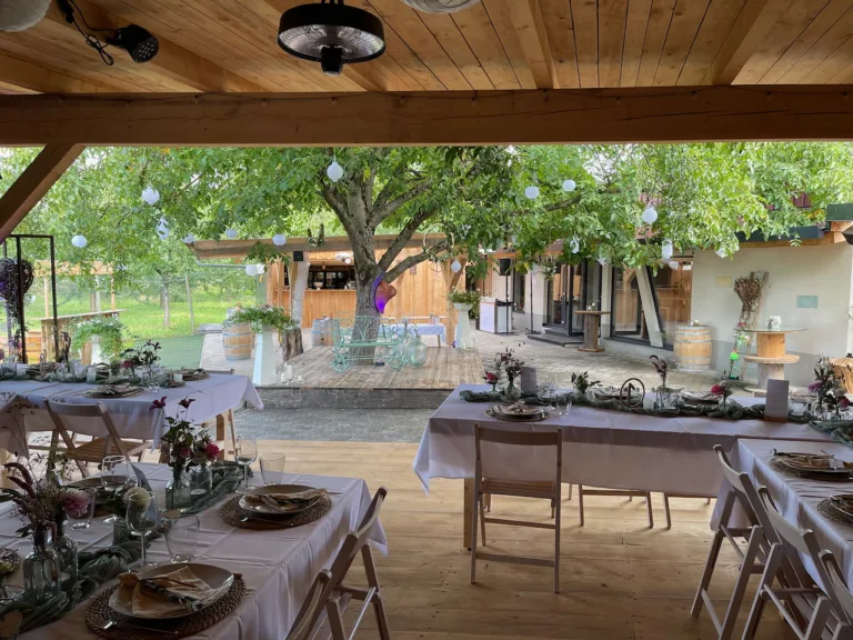 Hochzeit im Bruders Schopf Oberkirch: Festlich gedeckte Tische mit Blick auf die Terrasse, großen Baum und rustikale Außendeko.