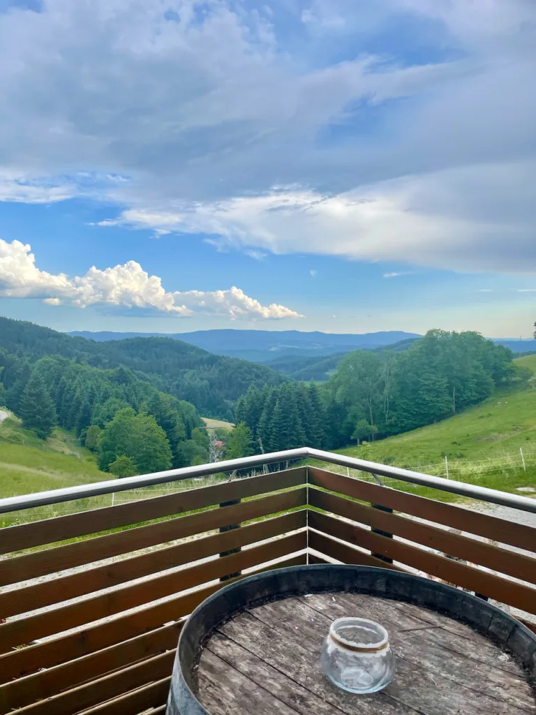 Panorama vom Nillhof Fischerbach: Terrasse mit Blick über Wälder, Wiesen und die Schwarzwaldberge.